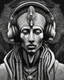 Placeholder: Illustrative sketch of Pharaoh Akhenaten in music with headphones, ultra quality, hyper detailed, graffiti, concept art, maximalism, 8k