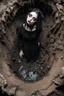 Placeholder: Closeup tall Girl goth with big eyes, fullbody, ragged clothes, behind her mud and rats, extended like roots, the perspective looking up from the bottom of an empty well , 8k,macro photography,