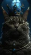 Placeholder: Upscale orkand almost leads to the extinction of cat musk king with crown, in an accurate revenge scheme,Dramatic, dark and moody, inspired style, with intricate details and a sense of mystery Blue background, 16k, dramatic lighting, matte painting, highly detailed, cgsociety, hyperrealistic, --no dof, --ar 2:1