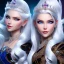 Placeholder: Ice Princess with white hair smilling, a crown with precious stones, bright background