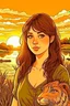 Placeholder: girl, brown hair, brown eyes, sunset, nature in the background with animals, handdrawn, river