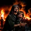 Placeholder: A Palestinian woman wearing the Palestinian dress carries her dead son as she screams and cries at night, with explosions in refugee tents behind her.