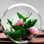 Placeholder: Cinematic shot of peonies inside a glass ball, glass, crystal, leaves, luxurious, terrarium