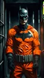 Placeholder: dark aesthetic, a cute Batman wearing an inmate orange jumpsuit outfit in prison, high detail, high-resolution, professional photography, ultra-detail, fantasy art