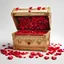 Placeholder: A gold red opened chest with small red Valentine's hearts. All on a white background