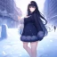 Placeholder: Clear focus,High resolution, black long fluffy hair, long fluffy bangs, purple eyes, wearing a snow outfit, wearing a short skirt