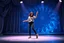 Placeholder: modern stage with gray-blue theme artistic decoration , color full dynamic lighting, a beautiful lady in pants and blouse with sport shoes dancing, 3D recursive fractal structure animating background