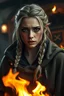 Placeholder: create a female half-elf, medium ash blond hair, loose unkempt braids, dark grey eyes, wearing a fitted hooded cloak, dirt on face, crying, screaming in front of a tavern burning down on fire, photorealistic, embers strong lighting