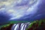 Placeholder: Cloudy dark sky, epic waterfall landscape, impressionism painting