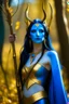 Placeholder: A picture of a beautiful blue faced indian goddess with skin painted blue, blue painted body, blue painted torso, wild black hair, stag antlers, elven ears, golden skirt, holding a staff in a sunny forrest