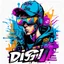 Placeholder: Vector t shirt art ready to print abstract color graffiti illustration of a cyberpunk boys and a basecap with text "Digi".On cap, white background.