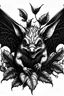 Placeholder: black and white Illustration of Vampire bat with wings made out of tobacco leaves