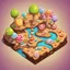 Placeholder: lollipop into cartoonist lake style model isometric top view for mobile game bright colors, surreal solid chocolate land with candies asset, cartoonist, toon, has some sands edges for a mobile game level map without terrains middle details, portrait top closer view