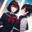 Placeholder: Clear focus, High resolution, fluffy black short hair, dark green eyes, wearing a black sailor uniform and pleated black skirt, fluffy hair, detailed outfit, wearing red makeup