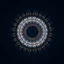 Placeholder: 2d Kaleidoscope recursive made of a metallic random color ribon circle ring turning many times in side of a bigger circle with random points in first circle making line art,blue gray tema background
