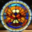 Placeholder: round coaster of robin with stained glass window effect, highly detailed, intricate, warm colors, stained glass window, glossy from rain, warm lighting, dramatic lighting