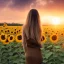 Placeholder: woman, back view, long brown dress, blond hair, sunflower field, sunset