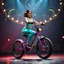 Placeholder: a very beautiful lady with makeup and bub hair, wearing a pretty blue-green sports pants an top, shows her performance driving a circus single Wheel monoBike in a modern stage with metallic fractal recursive structures that animate, and dynamic color lights.camera zoom to full body all time