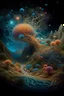 Placeholder: Fabulous composition, cosmic, hyperrealistic, microdetalization, surreal, drawing details, clear outline, color illustration, aesthetically pleasing, stardust, mystical landscape, curved trees, calendula, dark fantasy, monsters, multicolor, detailed, 3d, threads, fibers, bolto, mountains, fantastic pine neurons,ambient clarity,voluminous