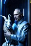 Placeholder: putin holding a goat in the style of giger, spraypaint, photorealism, trending on artstation, 8k, depth of field, downlight, lightrays, volumetric, white hall podium, brown and blue