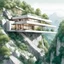 Placeholder: Architectural drawing of spectacular views of a modern house suspended on the side of a mountain, using light and resistant materials. Hyper detailed, ultra quality. green trees