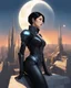 Placeholder: A slim Woman With Black Hair, Wearing an android-looking suit, standing sideways On a ledge of a building, with a waning moon Behind Her Head, towering spires and buildings highlighted by the setting sun