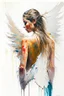 Placeholder: A detailed illustration of a beautiful young female human with growing out of her back. Her skin, hair and face are all made of paint. Her wings are spread. Front view. Highly detailed flawless facial features and eyes. Abstract Oil painting splash art. White background, wide angle, abstract design, beautiful, thick flowing paint strokes, dripping paint, fantasy art, modern art, ((soft happy complimentary colors,)) modern aesthetic, focused on the character, 4K resolution.