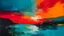 Placeholder: A vibrant abstract landscape with bold strokes of red, orange, and turquoise against a bright blue background, evoking a dramatic and fiery sunset over a body of water