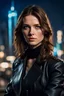 Placeholder: Woman with Brown Hair, Blue Eyes, Black Leather Coat, Black suit underneath, crossed arms, beautiful face, intense gaze, night, city Background, high detail, 4k, Matrix