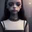 Placeholder: jenna ortega, wednesday addams hair style, wednesday make up, wednesday trend addams black dress, cinematic, addams family wednesday style, hyper detail, octane render, unreal engine 5, 8k resolation