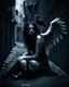 Placeholder: This image shows a fallen angel in a haunting, atmospheric scene. She sits in a dark alleyway, surrounded by subtle shadows and grunge textures, her skin damaged and her wild hair disheveled. A blind crow perches on her shoulder, adding to the eerie mood.