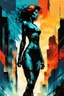 Placeholder: create an abstract full body illustration of a woman formed from and blended into an inner city landscape , highly detailed , in the comic art style of FRANK MILLER and BILL SIENKIEWICZ, searing lines and forceful strokes, boldly inked, with gritty textures, vibrant colors, dramatic otherworldly lighting, highly detailed facial features, 8k