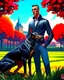 Placeholder: Cartoon of man with Doberman dog in the park incredibly detailed 8k gothic art