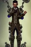 Placeholder: male quadriplegic ebony elf wearing a steampunk exoskeleton powered by gears, in fantasy style