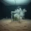 Placeholder: A photo of a closed environment in a dark closed space. In the background there is a bulding. At the center, a structure made of plastic. Some electtons. Plants, clouds. The surface below appears to be sandy, with small accumulations of sand. Fog, powder. In the background, other forms or structures are visible, some of which are thin and transparent. The photo was taken with a Hasselblad H6D 400c camera.