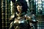 Placeholder: Motoko Kusanagi from Ghost In The Shell (1995), clad in medieval stell plate armour, melancholic