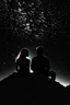 Placeholder: Black background on a mountaintop. A silhouette of a fit human man and a silhouette of a fit human woman sitting close to each other, looking at the stars. The man's arm is wrapped around the woman's shoulder.