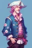 Placeholder: kind sailor, man, white slightly curly hair, pirate shirt, pink-azure clothes, pink-azure cocked hat in cold tones, white floral pattern on jacket, flower in hair, stardew valley style