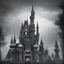 Placeholder: black menacing castle The shape of a terrifying person with a background of fog in the dark at night