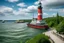 Placeholder: a lighthouse in tobermory ontario with a steamship in the harbour