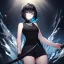 Placeholder: Clear focus,High resolution, black short fluffy hair, long fluffy bangs, and dark blue eyes, Depressed girl, wearing a black short shirt with a black sleeveless crop top, dark aura, controlling water, in a black room, holding a katana