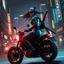 Placeholder: In a post-apocalyptic city at night, neon Asian cyborg ninja female warrior with hair flowing free, not wearing a helmet, katanas strapped to her back riding a road warrior style chopper