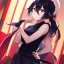 Placeholder: Clear focus, High resolution, Black hair, low small ponytail, purple dead eyes, japanese outfit, serious expression, one arm on hip, other hand free, purple red white and black outfit, skirt, slit in skirt, ahoge, (solo), hair between eyes