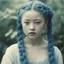 Placeholder: Old autochrome of devon aoki with blue cheeks, strange blue braids. in a gardent, in 1830