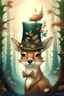 Placeholder: Cute fantasy whitetail fawn wearing a top hat; big pine trees all around; in the style of Bastien Lecouffe Deharme