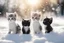 Placeholder: black and white chibi kittens playing in the snow in the sunshine, watercolor and black ink outlines, sparkling golden glitter, ethereal, cinematic postprocessing, bokeh, dof