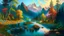 Placeholder: Serene landscape with river running trough mountains, a forest with a lot of vibrant colors, in the style of bob ross, thomas kadinskade and albert bierstadt. Peacefull and calming, intricate details, vibrant.