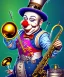 Placeholder: mechanoid happy old friendly fat clown with trimmed beard playing jazz with a steampunk theme, trumpet, realistic