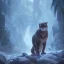 Placeholder: A Fantasy painting of an angry cougar in full blue and white armor, Inka jungle background, white fire coming out, highly detailed, digital painting, Artstation, concept art, matte, sharp focus, illustration, dramatic, art by artgerm and greg rutkowski and alphonse mucha