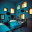 Placeholder: Fotografia di camera da letto blu gioioso weirdcore dai colori vivaci. Max Ernst. I letti sono dipinti di nero chiaro con g stilizzate e dettagli. Ci sono finestrelle quadrate, che danno un senso distopico e molto surreale, disposte in modo casuale. L'atmosfera generale sembra noiosa e onirica, con un contrasto tra elementi reali ed elementi dipinti. Persona finta dorme